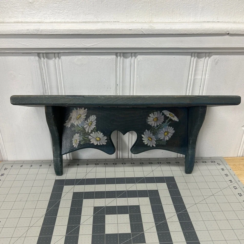 Wall Shelf Blue Hand Painted Daisy Heart Cutout Wood Rustic Decor Cottage Core